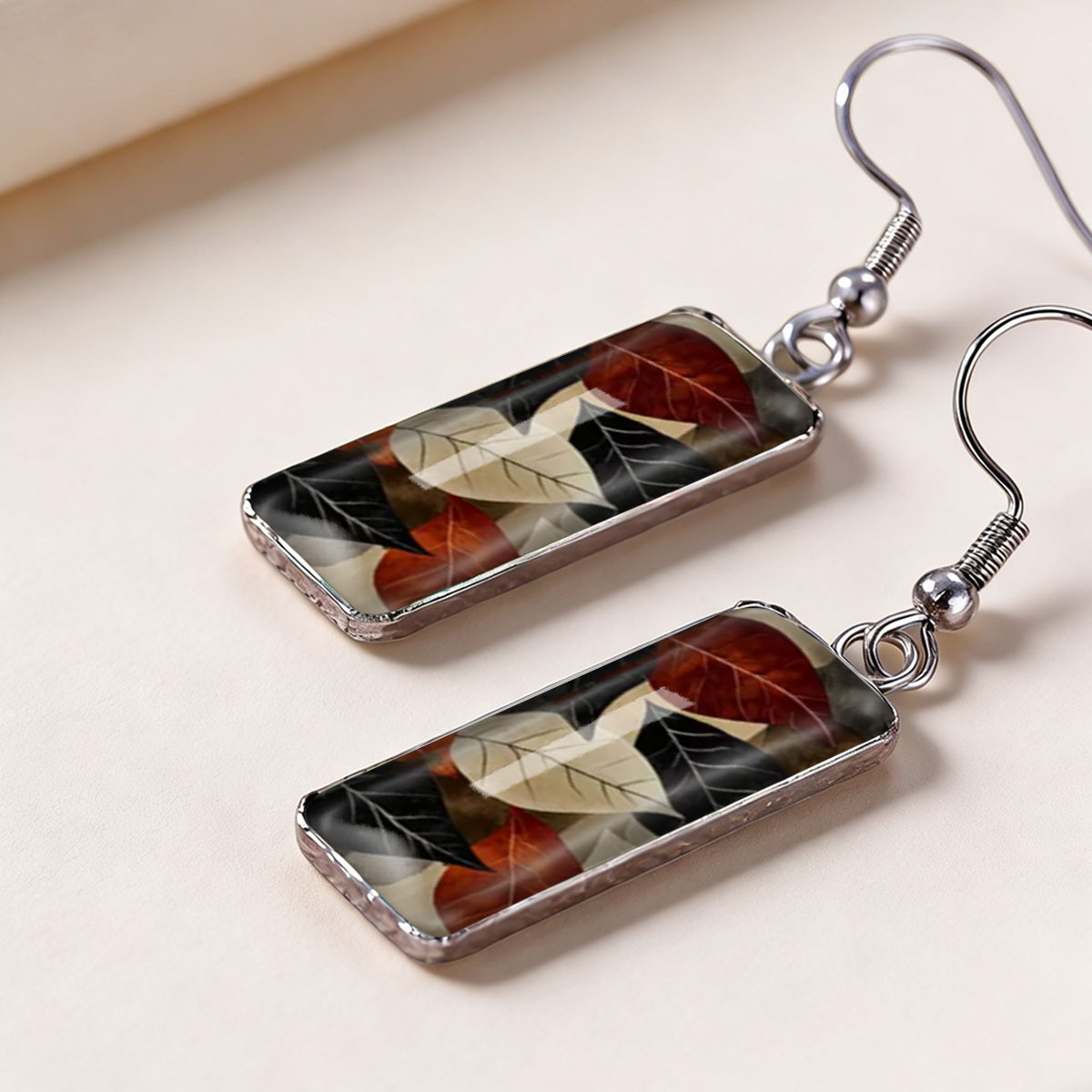Autumn Brown & Red Leaf Pattern Rectangular Earrings, Unisex
